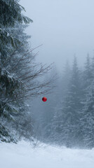 Single red ornament hangs on branch in snowy, misty forest