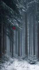 Red ornament hangs in snowy, misty forest creating serene atmosphere