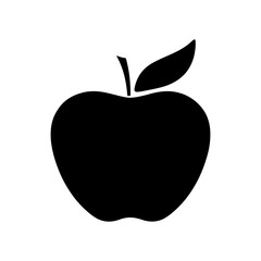 An apple with a leaf, a simple black silhouette isolated on a white background, graphic vector illustration, flat design. Delicious fresh fruit, icon for decoration, design, cover, label