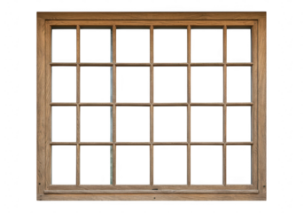 A weathered rustic wooden window frame with multiple panes is shown isolated against a bright transparent background showcasing its natural texture