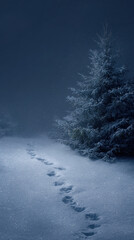 Mysterious footprints lead to twinkling pine tree in snowy landscape