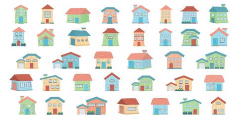 Cute Houses in Various Colors Illustration Collection Hand Drawn Flat Style Vector