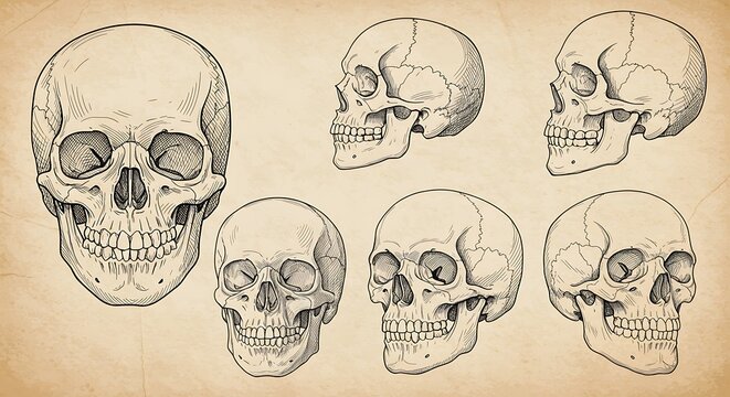 Anatomical Skull Studies: Graphite on Antique Parchment