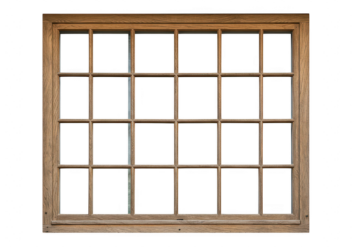 A weathered rustic wooden window frame with multiple panes is shown isolated against a bright transparent background showcasing its natural texture - Powered by Adobe