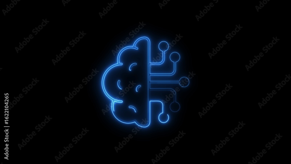 Poster illuminated neon brain with digital connections on a black background for artificial intelligence