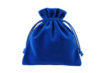 A vibrant royal blue velvet drawstring pouch is shown against a stark transparent background ideal for gift packaging or jewelry