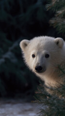 Fototapeta premium Polar bear cub peeking through dark pine trees, curious expression
