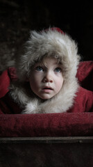 Child in red coat with fur trim looks up with wonder