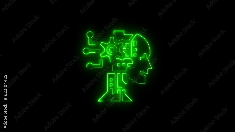 Poster futuristic ai head with gears and circuits illuminated in neon green on black background