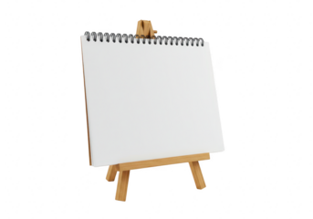 A blank white sketchbook rests open on a small wooden easel ready for an artists creative work isolated on transparent background