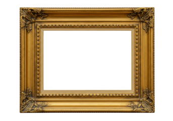 An ornate gold picture frame with intricate carvings and a blank white space for a photo or artwork isolated on transparent background