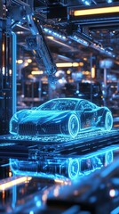 Futuristic car design displayed in a manufacturing facility.