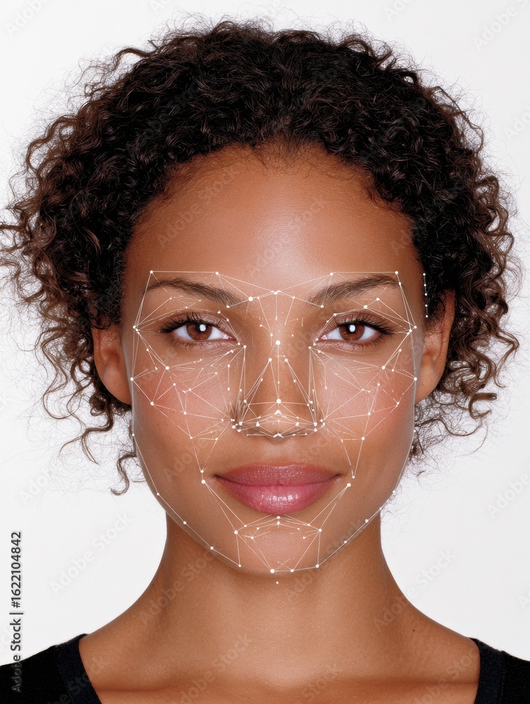 Aufkleber facial mapping overlay on neutral-skinned model highlighting facial features for analysis and resear