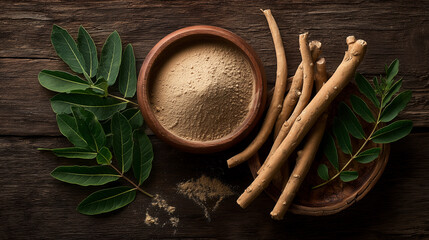 fresh ashwagandha roots, green ashwagandha leaves, and a wooden bowl of powdered ashwagandha, arranged on a textured wooden surface, soft natural lighting, Ayurvedic medicine Ayurveda