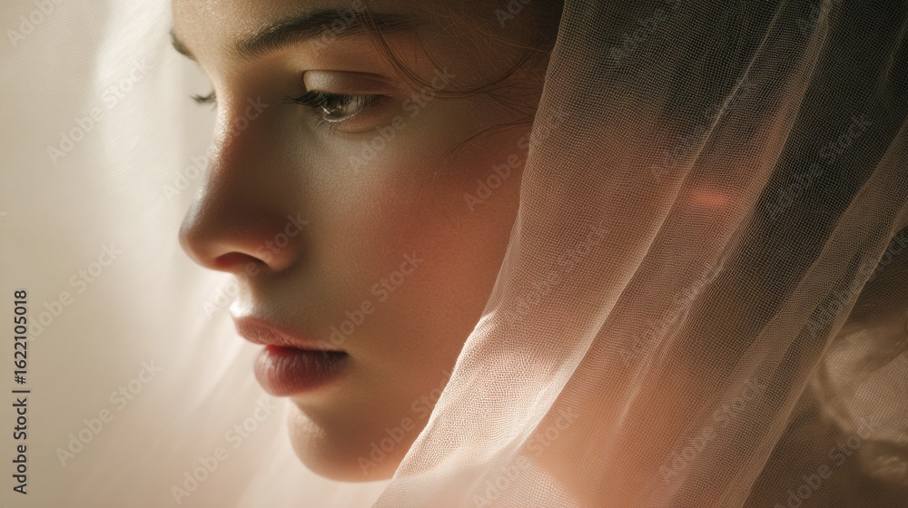 Poster feminine profile illuminated by soft light passing through a veil, creating poetic tones and an ethe