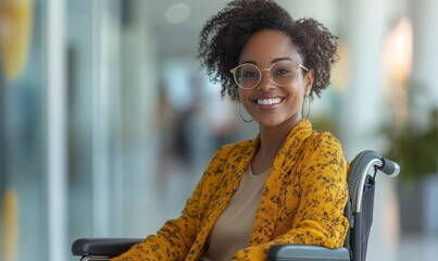 Inclusive image of a happy African American woman in a wheelchair,  independence and joy in everyday life, Generative AI