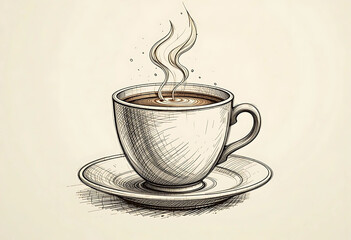 Detailed Hand-Drawn Illustration of a Cup of Hot Coffee. A meticulously drawn, vintage-style illustration of a cup of steaming coffee on a saucer.