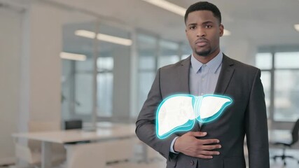 Businessman experiencing pain and holding chest while digital liver hologram glows on his body, symbolizing futuristic diagnostics, virtual health analysis, liver disease, AR medicine, biotechnology - Powered by Adobe