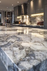 Marble counter reflects lights, showing abstract patterns in modern kitchen space