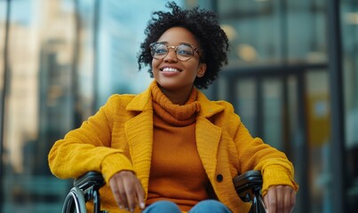 Inclusive image of a happy African American woman in a wheelchair,  independence and joy in everyday life, Generative AI