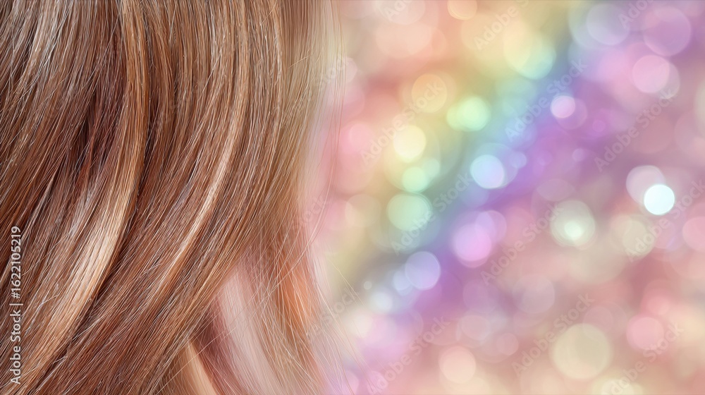 Poster glossy hair reflecting rainbow light in a soft bokeh background, creating a dreamlike visual effect 