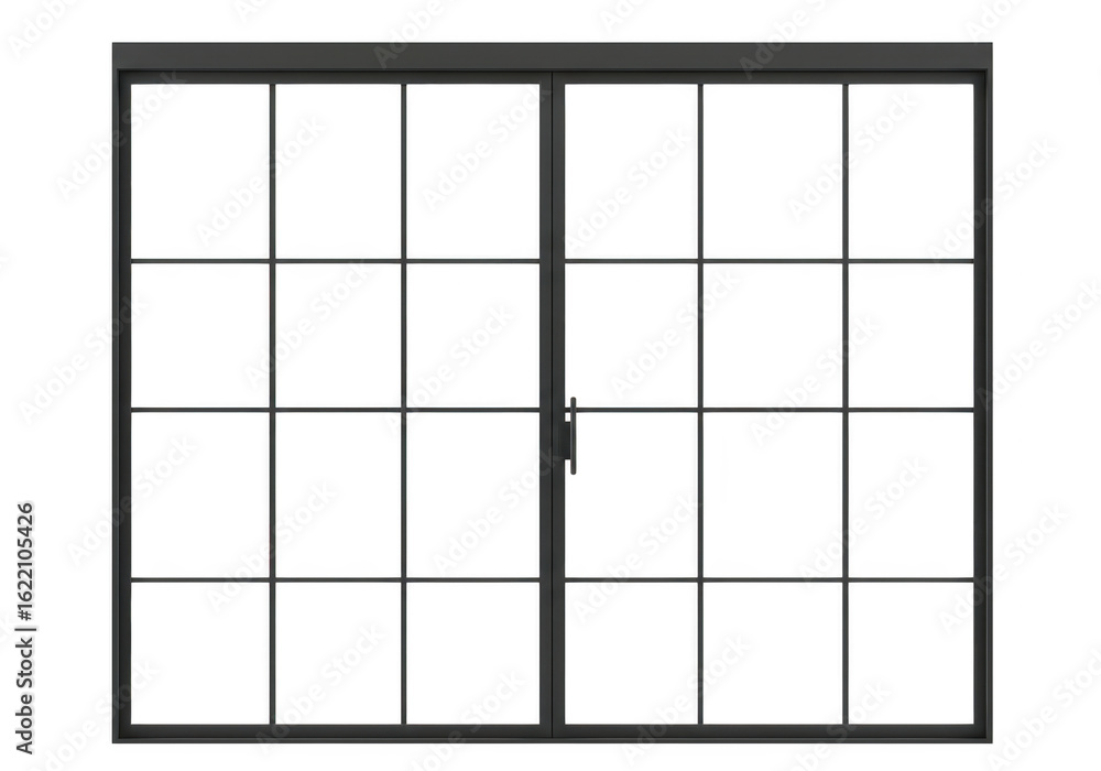 Poster a modern black framed double door with a grid pattern is shown against a plain transparent backgroun