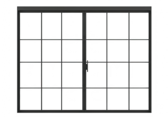 A modern black framed double door with a grid pattern is shown against a plain transparent background