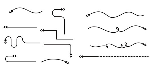 a collection of arrow icons with various shapes and directions. the concept of an arrow direction. straight arrow. curved arrow. turning arrow. reversing arrow. rotating arrow. dotted arrow