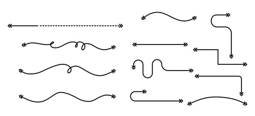 a collection of arrow icons with various shapes and directions. the concept of an arrow direction. straight arrow. curved arrow. turning arrow. reversing arrow. rotating arrow. dotted arrow