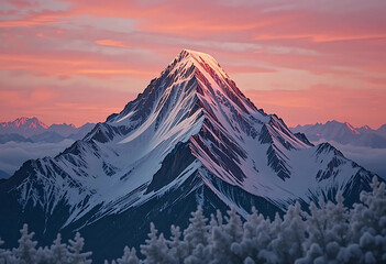 Majestic snow-capped mountain peak at vibrant sunset. A breathtaking vista of a snow-covered mountain peak, illuminated by a vibrant sunset.