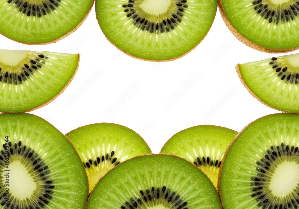 Poster a vibrant frame is created by multiple slices of fresh green kiwi fruit with black seeds on a transp