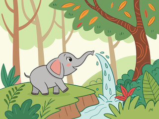 Cute baby elephant splashing water in a jungle waterfall tropical rainforest background colorful vector
