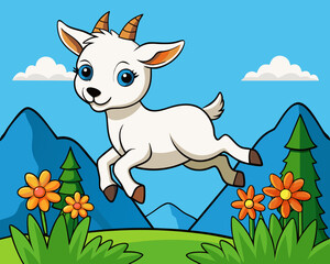 Cute baby goat jumping in a flower field under blue sky with mountains in background vector cartoon illustration
