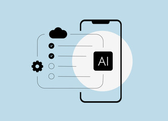 AI task automation for mobile workflow with cloud synchronization and smart productivity tools. AI task automation with machine learning optimization and automated task management vector illustration
