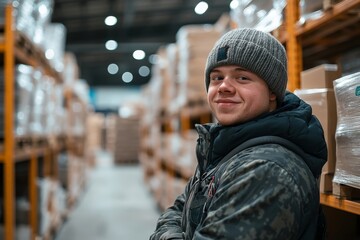 Portrait of a young man with Down syndrome working in a warehouse, highlighting the importance of inclusivity and support for individuals with disabilities in the workforce, Generative AI