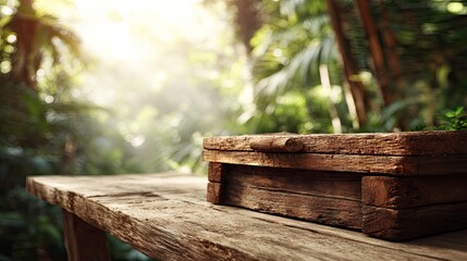 Naklejka premium Rustic wooden box on a jungle table