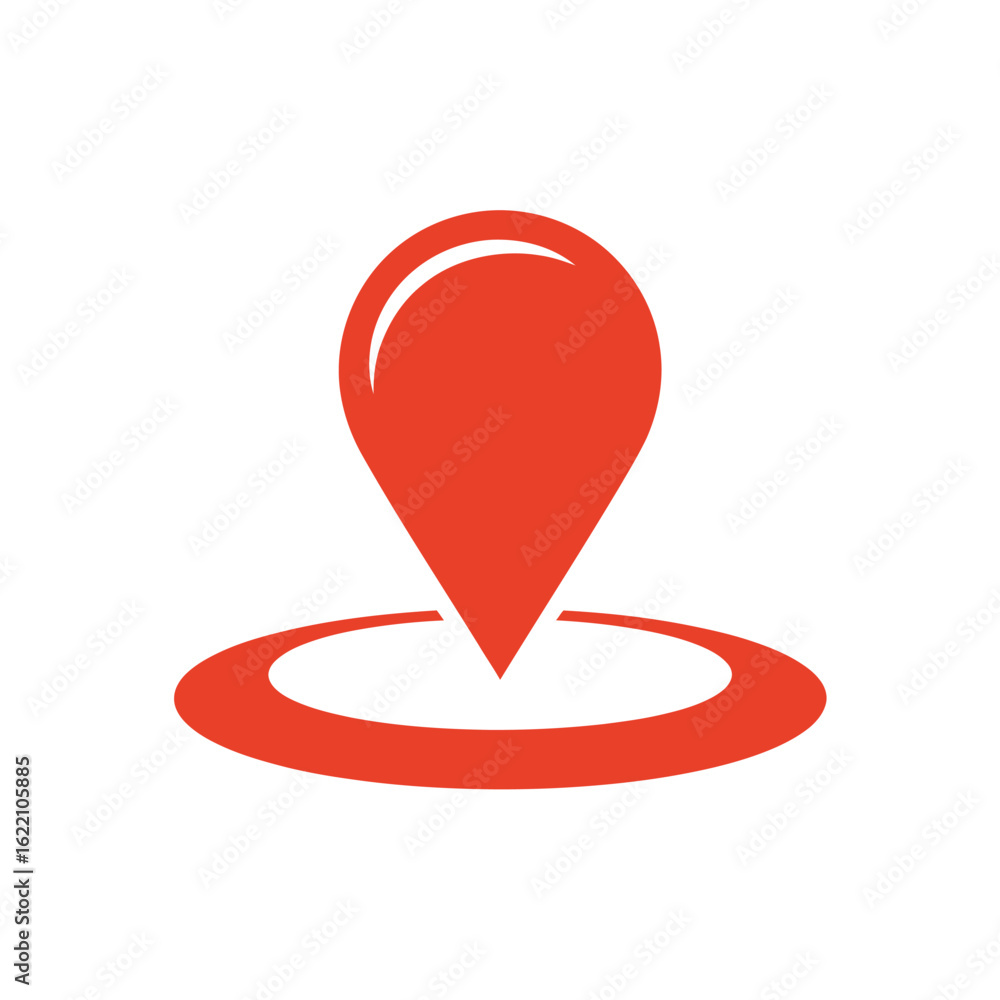 Poster red location pin icon with circular shadow on white background
