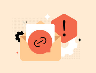 Phishing email link alert with suspicious message detection, email security audit. Phishing e-mail link spam filter analysis, cyber threat prevention, safe digital communication. Vector illustration