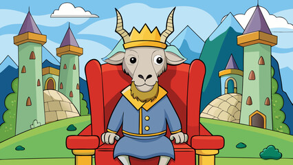 Funny goat dressed as a king sitting on a throne castle background royal fantasy cartoon vector illustration
