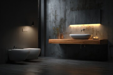 Modern bathroom interior with raw concrete walls, warm lighting, wood counter, and white sink