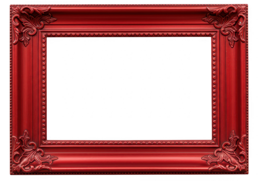 An ornate decorative red picture frame with intricate carvings sits isolated on a transparent background ready to display a cherished photograph