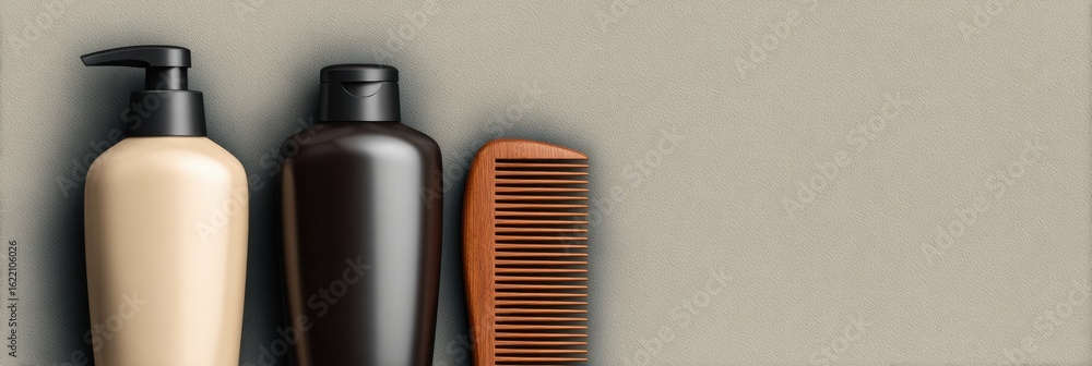 Poster shampoo and conditioner bottles beside a wooden comb on a textured background with open space
