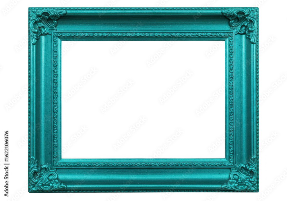 Poster an ornate vintage teal picture frame with intricate carvings and scrollwork is displayed against a t