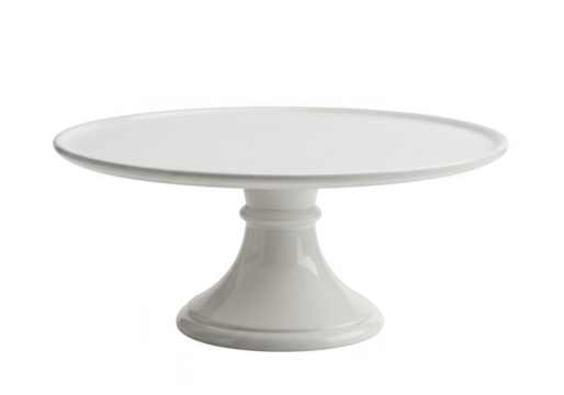 A clean white ceramic cake stand with a simple pedestal base is presented on a plain transparent background