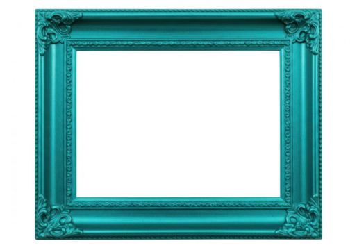 An ornate vintage teal picture frame with intricate carvings and scrollwork is displayed against a transparent background