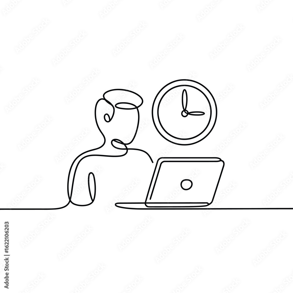 Poster continuous line drawing of person working on laptop with clock