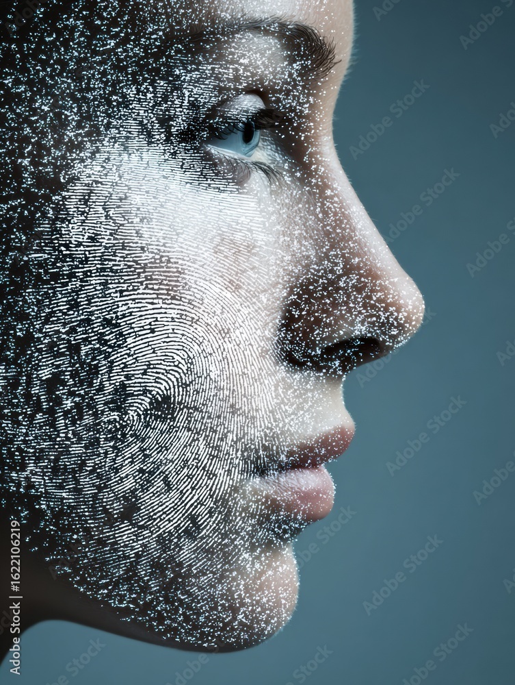 Poster digital fingerprint overlaying cheek creates a unique personal skin identity concept emphasizing ind