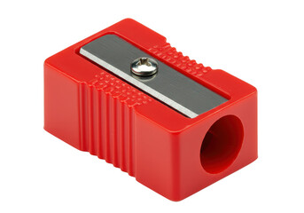 A bright red plastic pencil sharpener with a metal blade is isolated on a clean transparent background