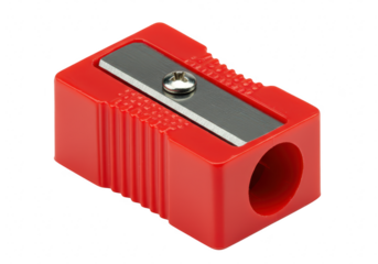 A bright red plastic pencil sharpener with a metal blade is isolated on a clean transparent background