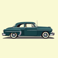 Classic dark teal vintage coupe car from the 1950s side profile, showcasing elegant chrome details and iconic design for automotive enthusiasts and retro style projects.